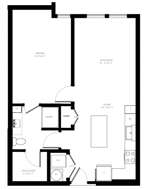 Floor plan for 1 bed, 1 bath, 781 sqft